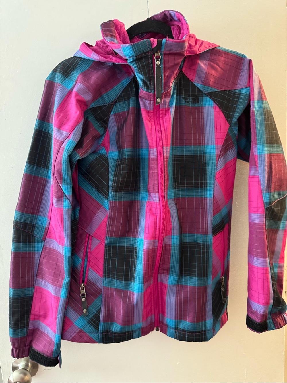 The North Face Girls' Pink Plaid Hooded Rain Jacket with Teal Accents
